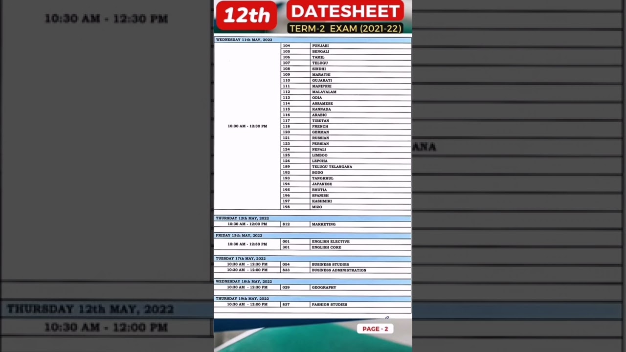 DATESHEET CLASS 12 TERM-2 (2021-22) 