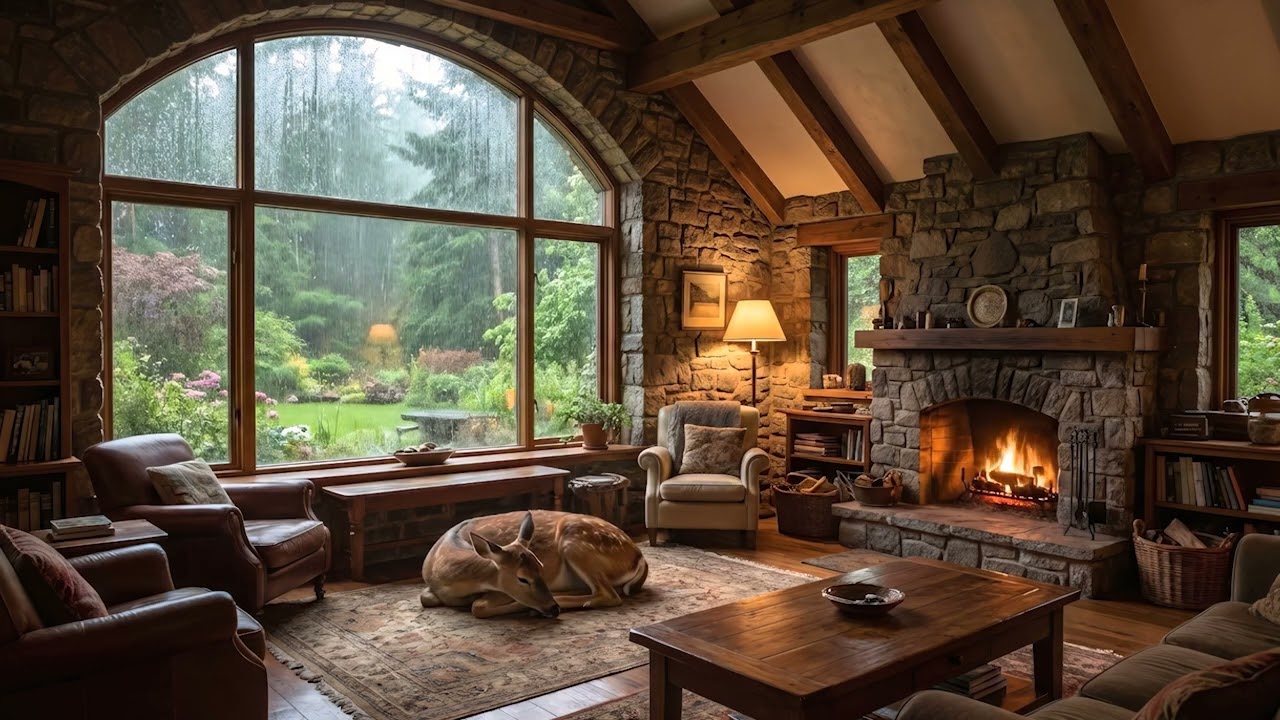 Warm Fireplace & Window Rain | Cozy Cabin Deer | 8H Insomnia relief ASMR