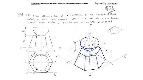 Isometric projection of the described structure having a hexagonal frustum with a hemisphere on top