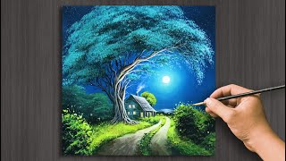 Tranh phong cảnh Acrylic #17 | full moon landscape | easy for beginners