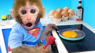 Bebé Mono BonBon Come Huevo Frito y Helado con un lindo Cachorro en el Jardín - MONO BONBON ESP