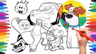 Cartoon Characters Coloring Book Page 7: Cars, Angry Birds, Kung Fu Panda, Max, Dora