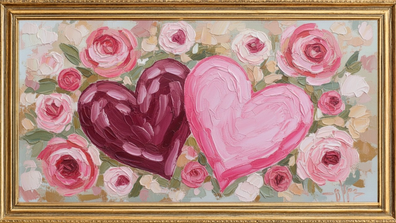 Valentine’s Day Love Hearts 💕 Romantic Floral Painting | TV Screensaver & Instrumental Music 💕