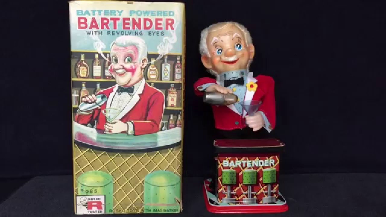 Bartender with revolving eyes, Japan Battery Operated Smoking Tin Toy