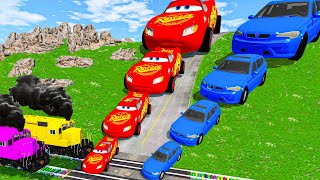 Big & Small Lightning McQueen vs Big & Small Resizable ETK 800 vs Rails and Trains - BeamNG.drive