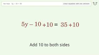 Linear equation with one unknown: Solve 5y-10=35 step-by-step solution