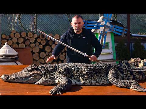 CROCODILE MEAT on a CHARCOAL GRILL, GRILLED CROCODILE MEAT.