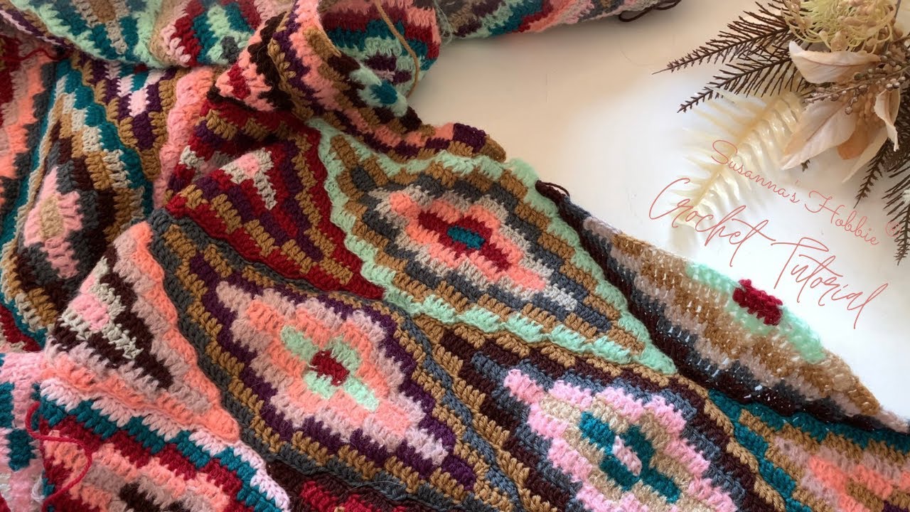 💠アーガイル柄ブランケットの編み方（菱形モチーフのハーフケット