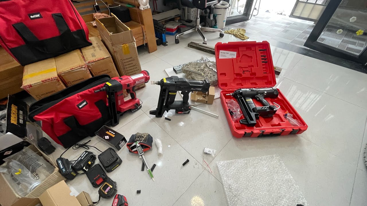 Mở hộp máy bắn đinh bê tông dùng pin 18v nailtask bản carbon Pro 