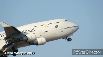 Boeing 747-400 Saudia, Close up take off at Surabaya Juanda Int