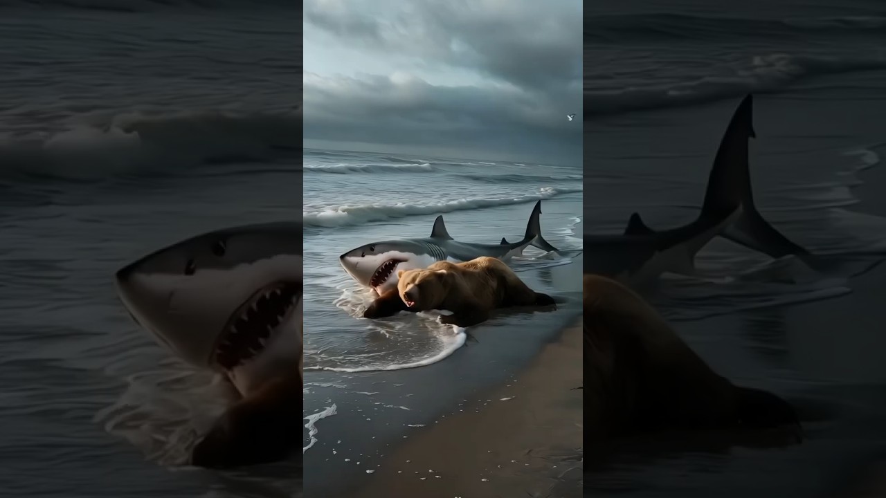 Surreal Beach Encounter: Shark, Bear & Fish in an Unreal Scene!