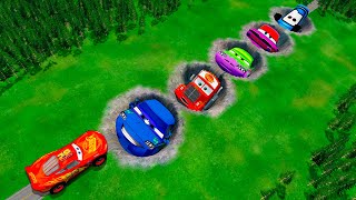 Mega pits with McQueen and Pixar Cars Vs Big \& Small Lightning McQueen! BeamNG Drive Battle!