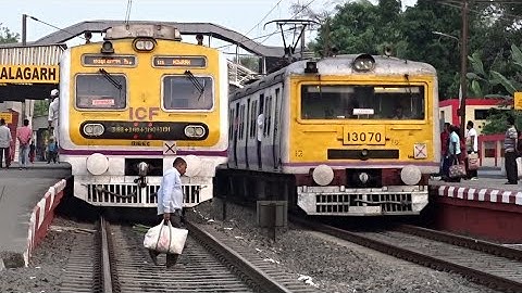 Two Generation EMU Local Train Crossing | Modern ICF Medha EMU meet Old Conventional EMU Train | ER