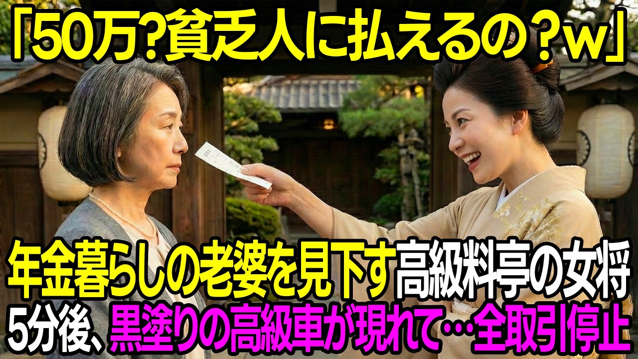 「50万？貧乏人のお婆さんに払えるのw」高級料亭で年金暮らしの老婆を見下した女将→5分後、黒塗りの高級車が並び全取引停止で料亭崩壊…【感動する話】【朗読】