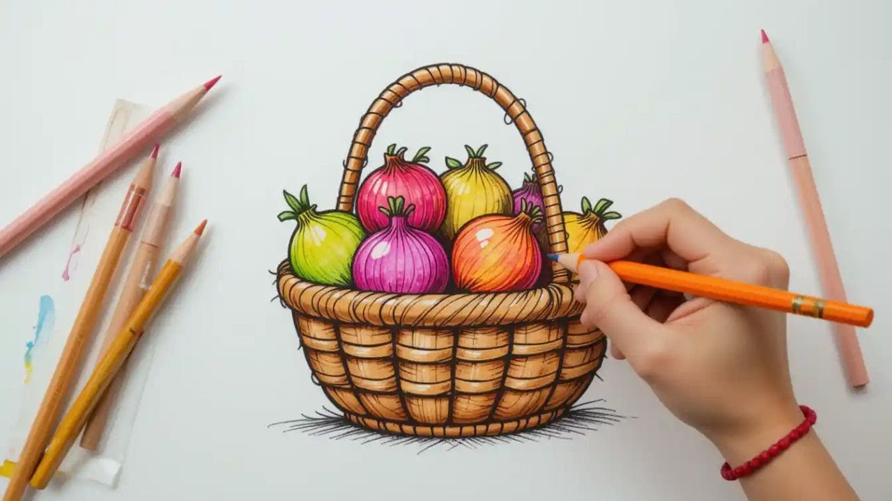 Pyaj Drawing Super Very Easy Way Fruits & Vegetables drawing | How to draw 5 ...