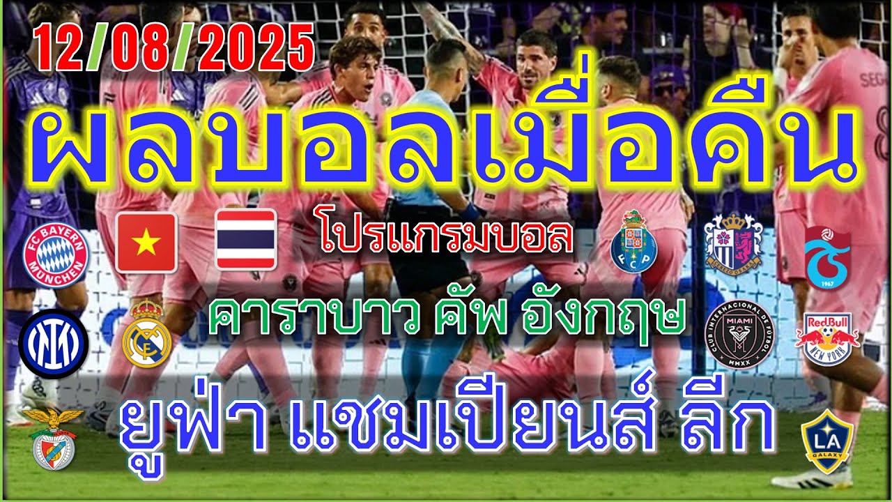 ผลบอลเมื่อคืน/โปรแกรมบอลคืนนี้/ยูฟ่าแชมเปียนส์ลีก/คาราบาวคัพ/ฟุตบอลหญิงชิงแชมป์อาเซียน/12/8/2025