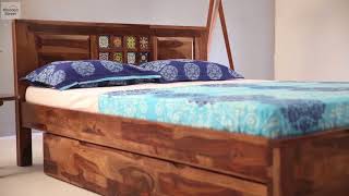 Beds With Storage – Shop Boho Storage Queen Size Bed in teak finish Online @ Wooden Street Resimi