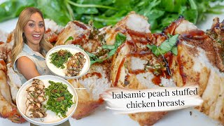 How to Make STUFFED CHICKEN BREAST! with Balsamic Peaches, Goat Cheese, Basil and Arugula | Recipe