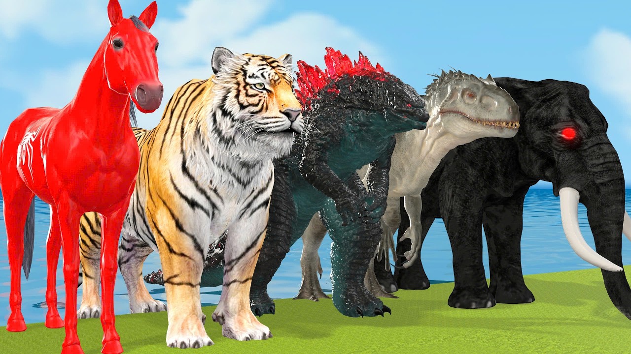 Long Slide Game With DINO - Godzilla Elephant Gorilla Buffalo Tiger 3d Animal Game Funny 3d Animals