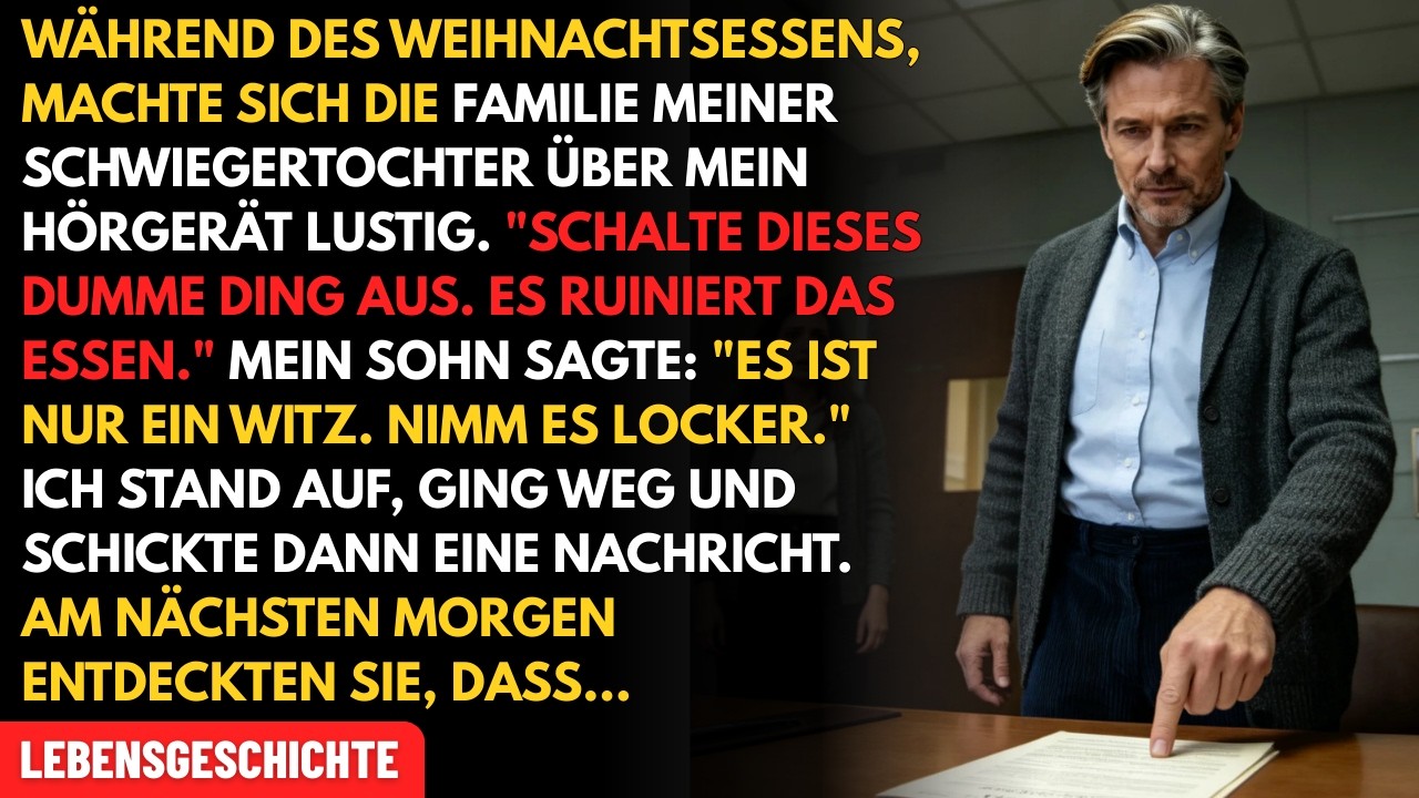 „Schalt das blöde Ding aus, es ruiniert das Essen.“ Beim Weihnachtsessen reichte die Familie meiner Schwiegertochter mein Hörgerät herum und lachte. Mein Sohn Daniel zuckte nur mit den Schultern:...