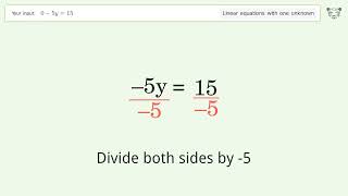 Linear equation with one unknown: Solve 0-5y=15 step-by-step solution