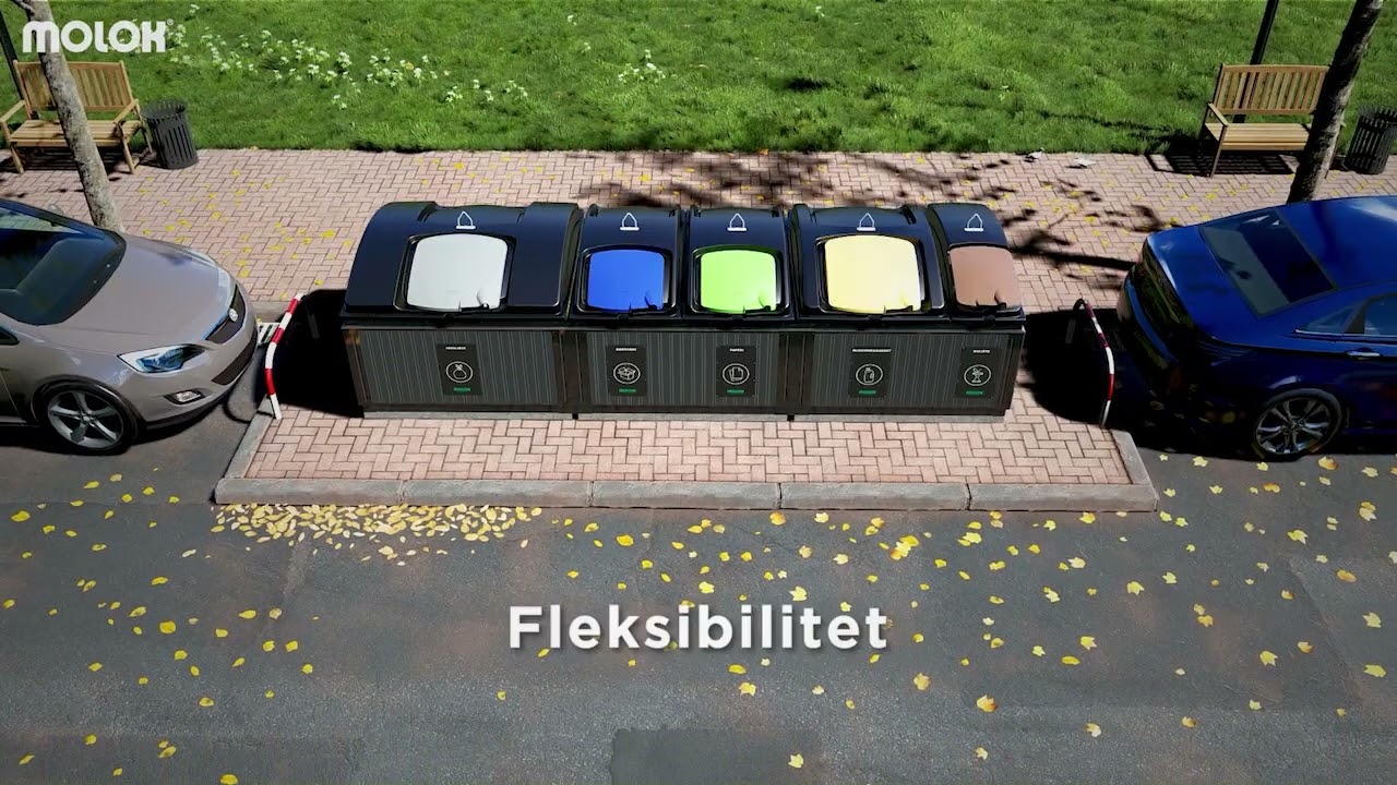 MOLOK avfallsbeholdere tar minimalt med plass - på en parkeringsplass får du hele 7 avfallstyper!