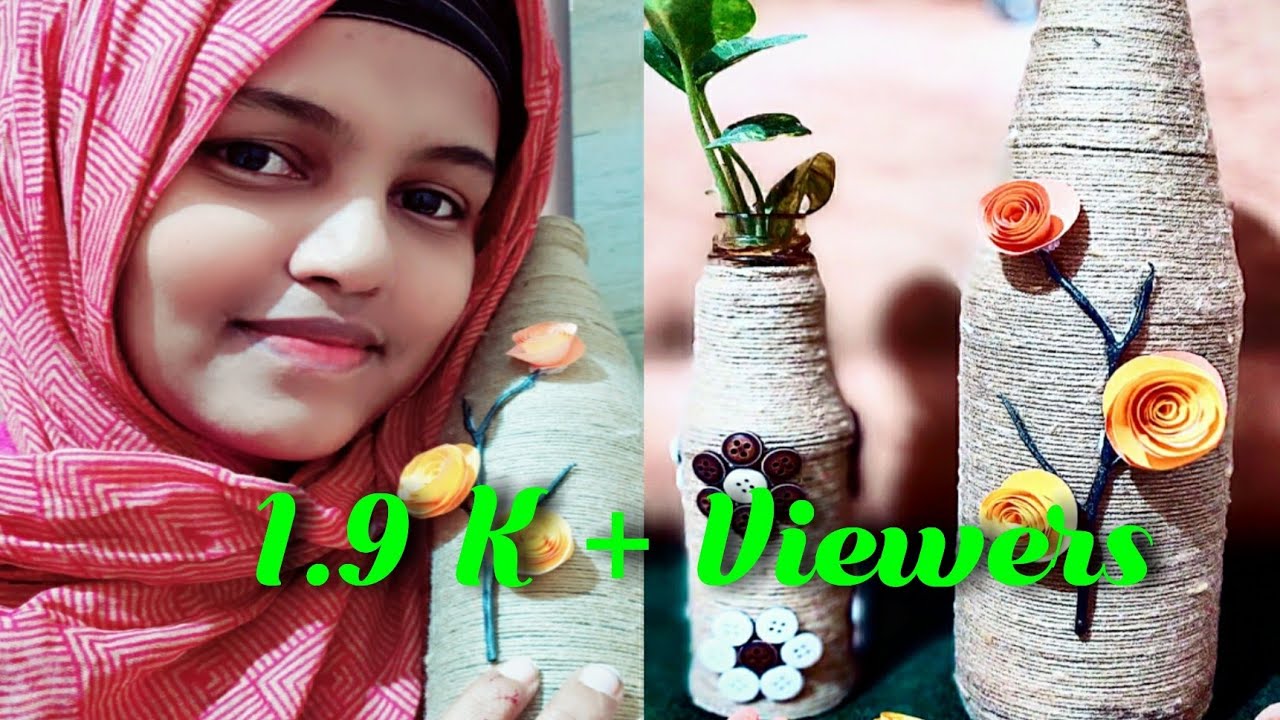 Easy Bottle Art decor with Paper flower and jute Best Out of Waste bottle art ideasTree on
