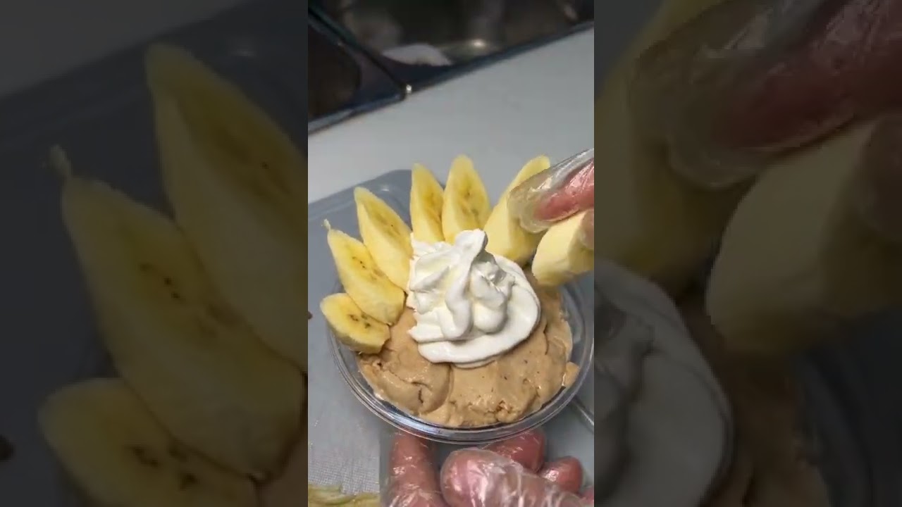 Traditional ice cream garnish with bananas and cream