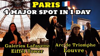 Last full day in Paris, France. visted Galeries  Lafayette, Arc de Triomphe, Louvre, Eiffel Tower.