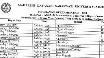 B. Sc. Part 1st Year Exam Time Table 2020 || Date Sheet For Exam 2020 || Mdsu Ajmer