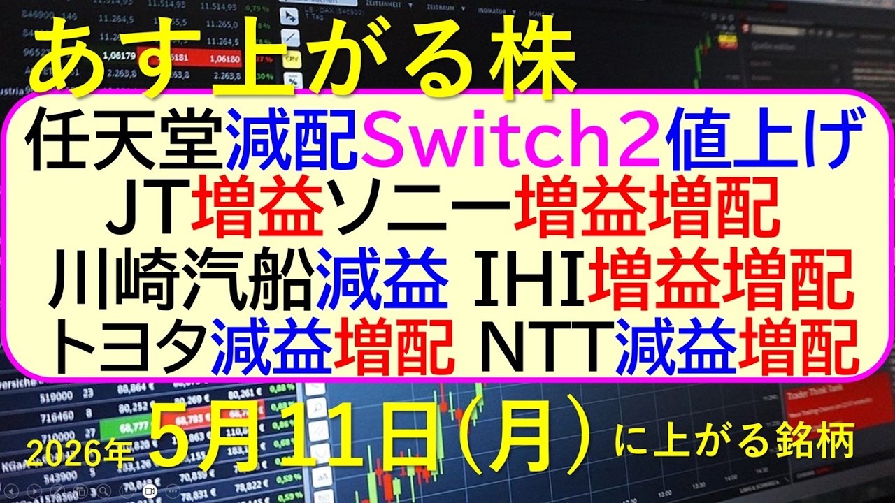 任天堂、減益減配・Switch2値上げ。JT増益。川崎汽船減益。トヨタ減益