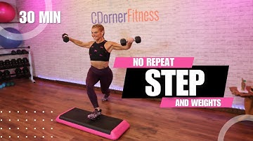 30 minuten stappen & kracht: stepper-workout zonder herhaling met gewichten