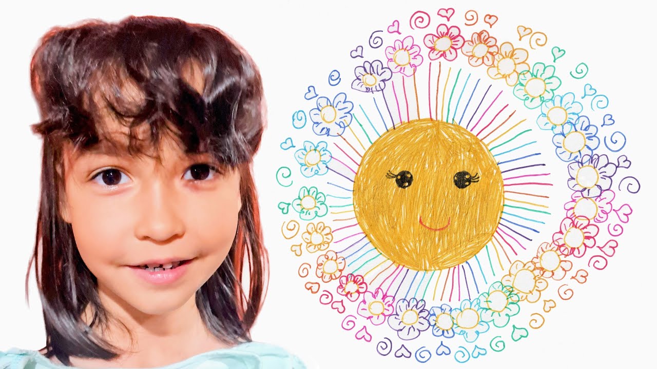 Drawing Rainbow Sun Mandala by 6-Year-Old Kid Artist Mia Mai | Easy Glitter Pen | Calming Art | Zen