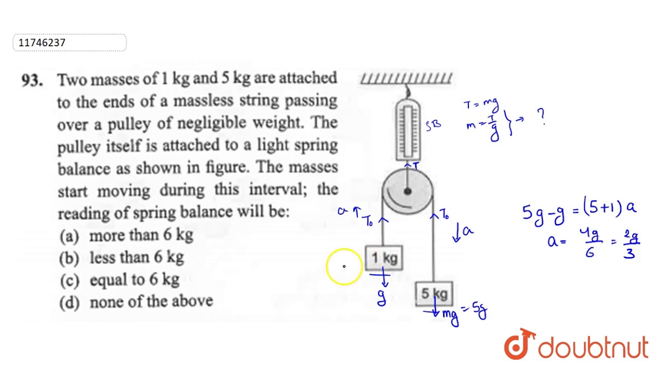 Two masses of 1kg and 5kg are attached to the ends of a massless string  passing over a pulley 