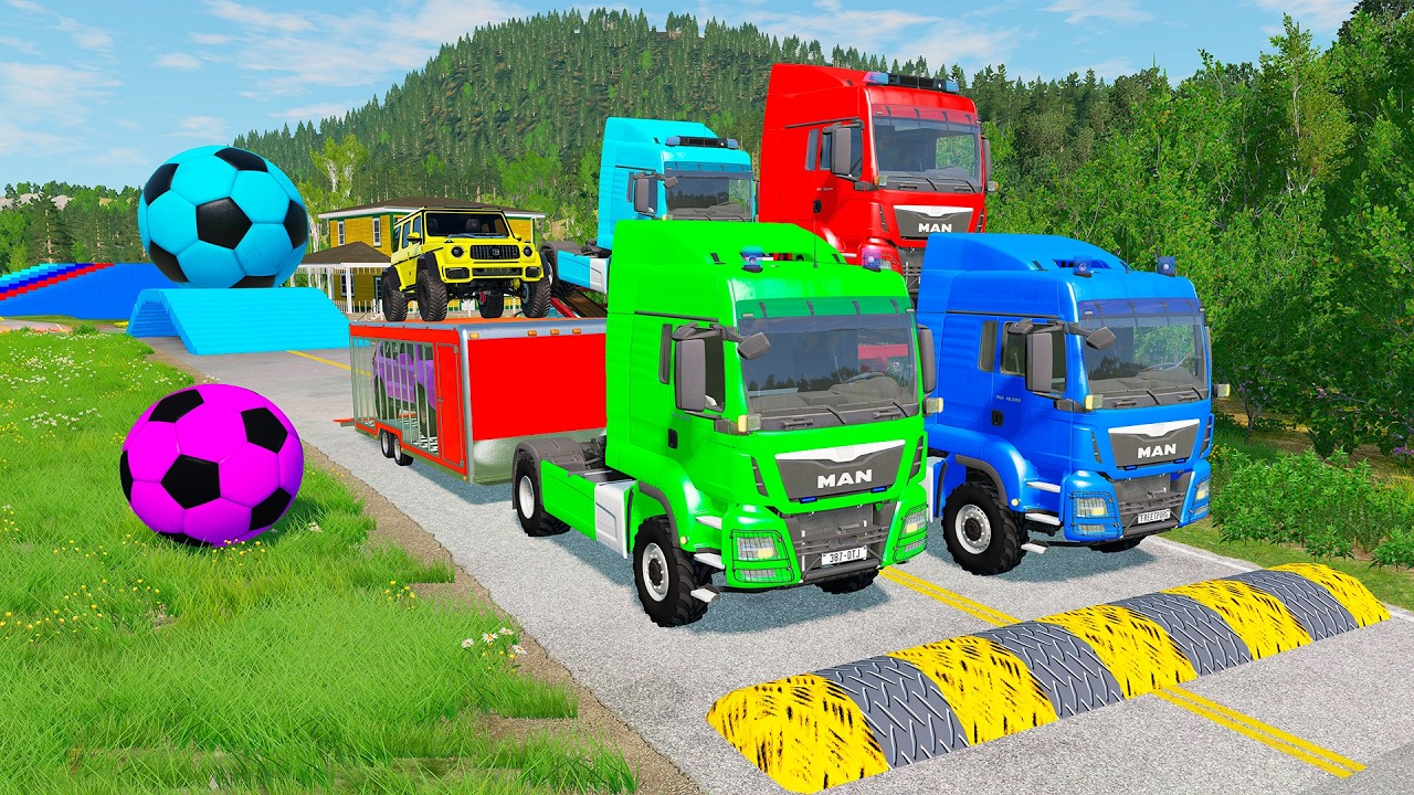 Triple Flatbed Trailer McQueen Transportation with Truck - Speedbumps vs Cars vs Train - BeamNG 0151