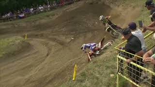 Längenfelder goes down with an attack on Farres in MX2 Race 2! #MXGPCzechRepublic