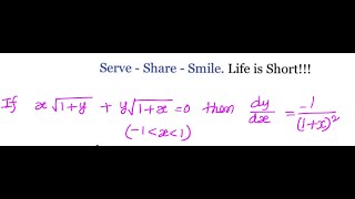 Calculus -Differentiation : If  x (sqrt(1+y)) + y ( sqrt(1+x)) = 0 then show that dy/dx = -1/(1+x)^2
