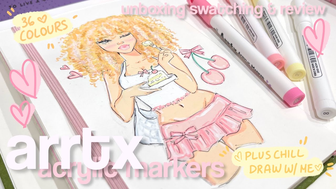 ౨ৎ˚₊🍰 watch me unbox, swatch, review & draw using 60 arrtx acrylic markers | comfy lofi music ౨ৎ˚₊🤍🎀