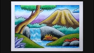 Cara Mewarnai yang Mudah dan Simple - Gambar Pemandangan Air Terjun Yang Simpel