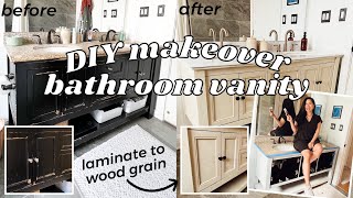 BATHROOM VANITY SINK MAKEOVER! | How to DIY Faux Wood Paint + Contact Paper Hack