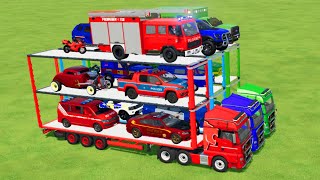 TRANSPORTING CARS, FIRE TRUCK, POLICE CARS, AMBULANCE OF COLORS! WITH TRUCKS! - FARMING SIMULATOR 22