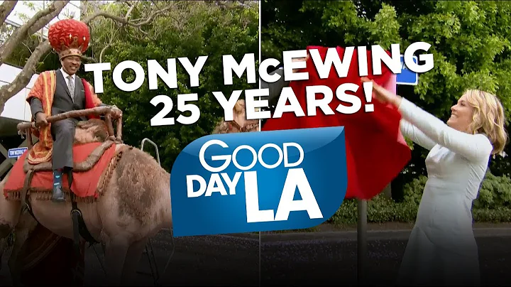 Tony McEwing celebrating 25 years with GDLA (camel ride and street sign)