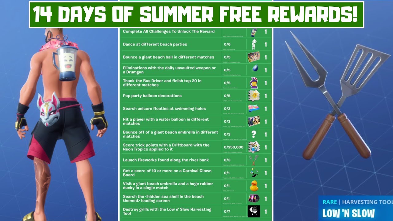 Fortnite 14 Days Of Summer Challenge 9 Fortnite All Free 14 Days Of Summer Rewards 14 Days Of Summer Challenges Season 9 Youtube