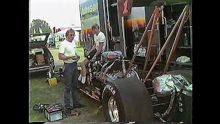 1991 - Blaine and Alan Johnson warming up in the pits at the NHRA Spring Nationals.
