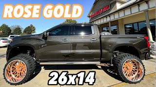 ROSE GOLD 26x14s!! Lifted 2021 Silverado on 26x14s and 9" Mcgaughys! FIRST 9" with ADAPTIVE RIDE