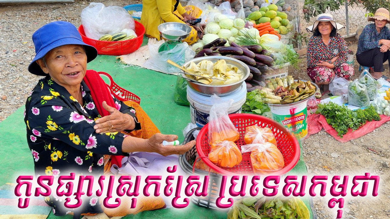 ទិដ្ឋភាពសកម្មភាពការលក់ដូរពេលព្រឹកនៅផ្សារស្រុកស្រែ ប្រទេសកម្ពុជា