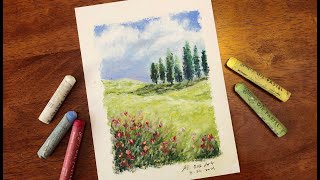 Oil Pastel Painting 油画棒 - Hillside Meadow