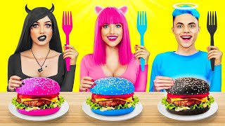 Desafío de comida rosa vs negra vs azul | Batalla loca con comida de color y delicias de RATATA