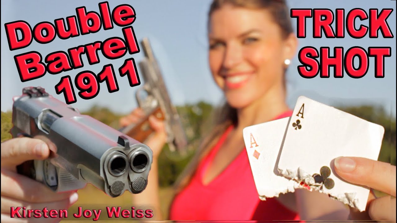 Double Barrel 1911 TRICK SHOT - Two Cards One Shot! - Crazy SLOW MOTION - First Ever