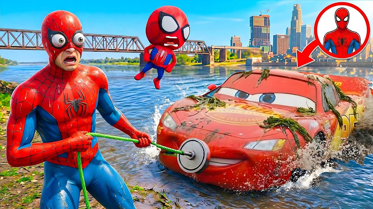 HOMEM ARANHA SALVOU O RELAMPAGO MCQUEEN O CARRO AFUNDANDO NO GTA 5